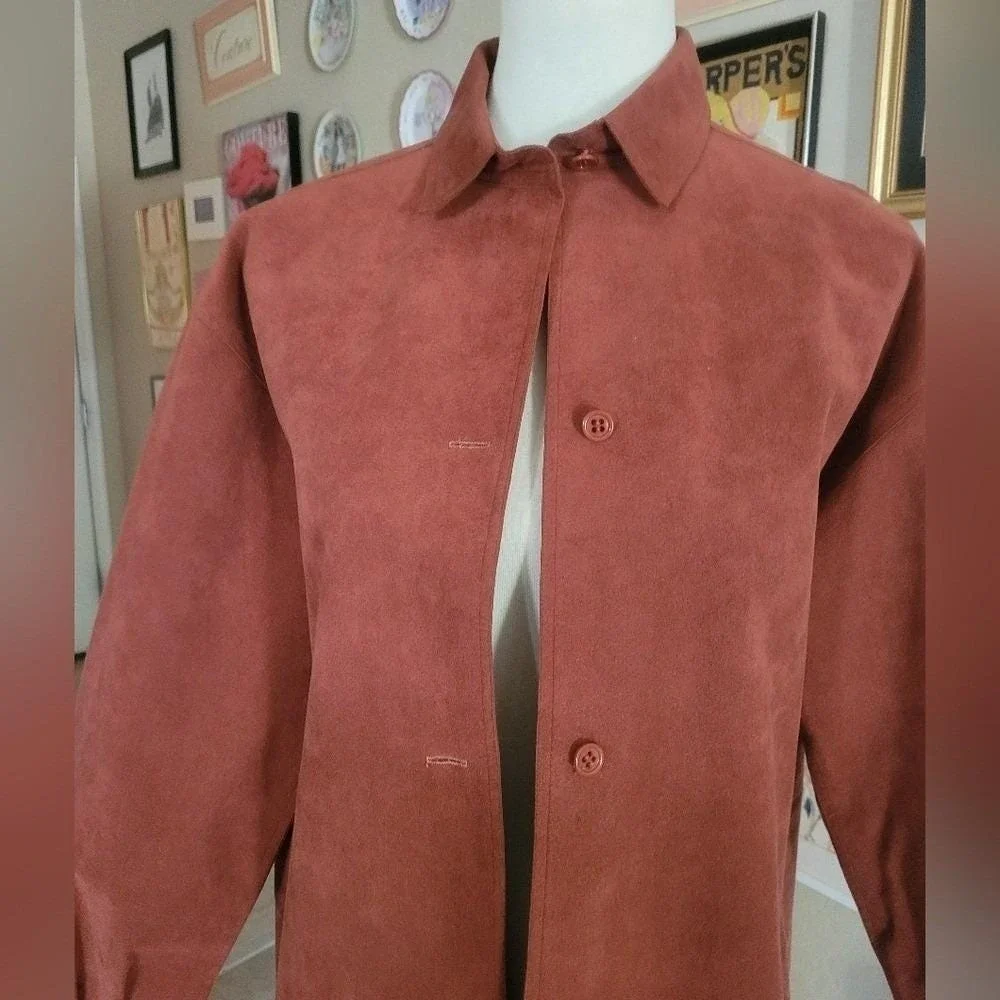 Halston 70s Rust Ultrasuede Longline Duster Coat‎ Button Front Collared XL